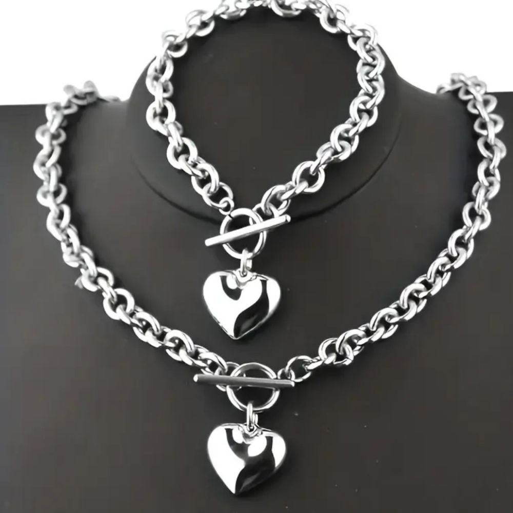 New Y2K Coquette Silver Heart Pendant Glam Necklace Bracelet Gift Y3K Set